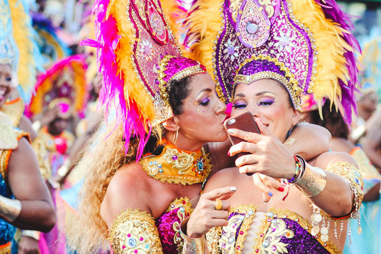 Ladies dressed up for Carnival, taking a selfie in Rio de Janerio, Brazil